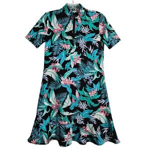 Tommy Bahama Golf Dress Women XS Black Floral Tropical Quarter Zip Ruffle Hem